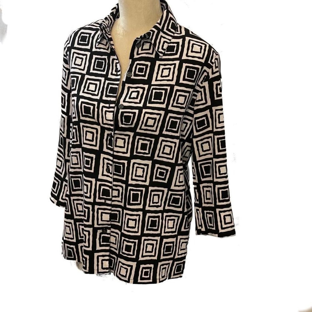 Vintage Allison Daley Blouse Shirt Top Button Up Black White Geometric Pads